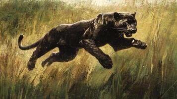 A painting of a black panther running through tall grass photo