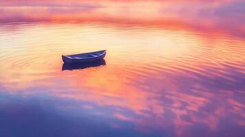 A boat floating in the water at sunset photo