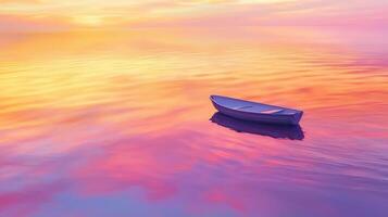 A boat floating in the water at sunset photo