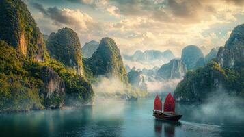A boat in the water with mountains in the background photo