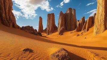 The desert is filled with tall sand dunes photo