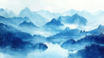 Blue mountains and water in the fog photo