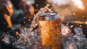 A can of beer being poured into ice photo