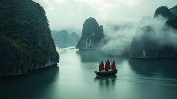 A boat in the water near mountains photo