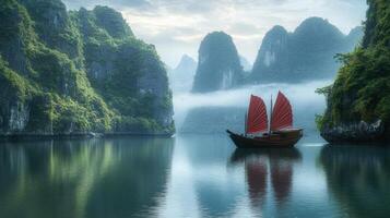 A boat with red sails floating in the water near mountains photo