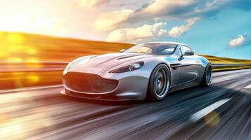 A silver sports car speeds down an open highway during sunset. The vibrant sky reflects colors of dusk, showcasing a stunning blend of speed and beauty photo