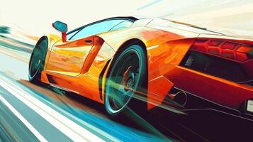 A vibrant orange sports car speeds along a winding road, capturing the energy of motion under a sunset sky. The dynamic scene showcases the sleek design of the vehicle photo