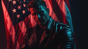 A man in leather jacket standing in front of an american flag photo