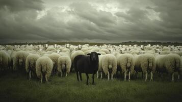 A black sheep standing in a field of white sheep photo