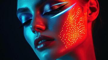 A woman with glowing makeup and neon lights photo