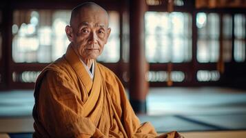 An old monk sitting in a room photo