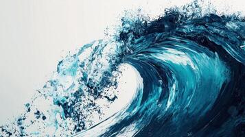 A powerful wave crashes with remarkable force, displaying brilliant shades of blue and white foam. The light of early morning highlights the energy of the ocean, creating a stunning visual photo