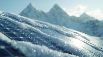 Solar panels covered in snow on a mountain photo