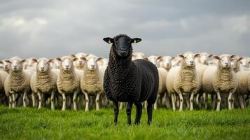 A black sheep stands in a field of white sheep photo