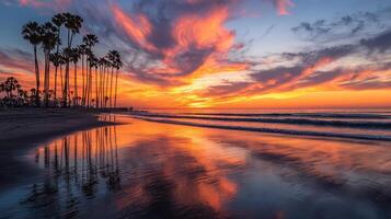 Palm trees are reflected in the water at sunset photo