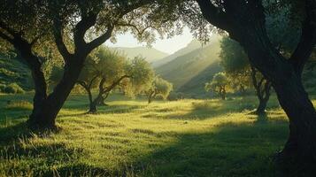 The sun shines through the trees in a field photo