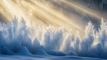 Soft rays of sunlight break through a serene frozen landscape, illuminating crystalline ice formations and snow. It captures the tranquil beauty of winter morning light photo