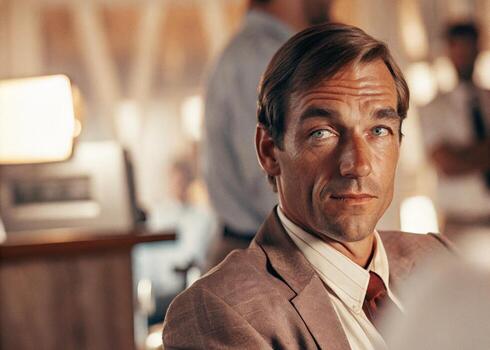 man in a suit and tie sitting at a table photo