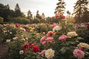 a field of roses at sunset photo