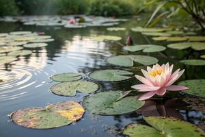 a pink water lily floating in an pond with leaves photo