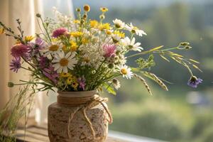 wild flowers in a vase on the window sill photo