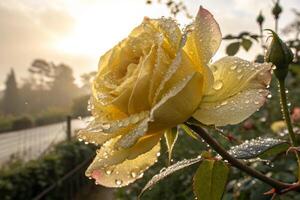 a yellow rose with water droplets on it photo