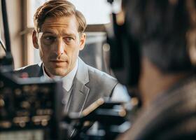 man in a suit is looking at a camera photo