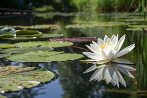 a white water lily floating in a pond photo