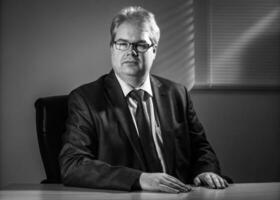 man in glasses and a suit sitting at a desk photo