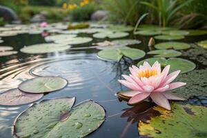 a pink water lily floating in a pond with leaves photo