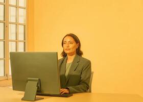 a woman in a suit sitting at a desk with a computer photo