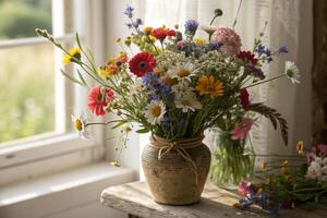 A vase of wild flowers sitting on a window sill photo