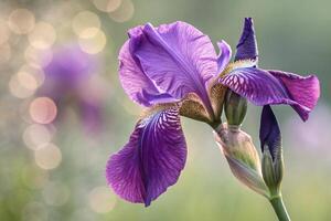 a purple iris flower is in front of a blurry background photo