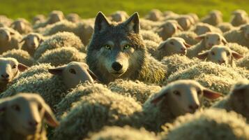 A wolf is surrounded by sheep in a field photo