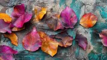 Colorful autumn leaves on a wooden surface photo
