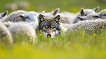 Wolf and sheep in the field photo