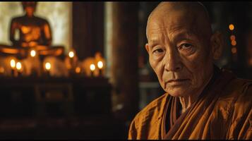 An old monk is sitting in front of candles photo