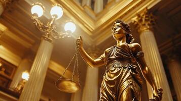 A statue of lady justice is standing in a building photo