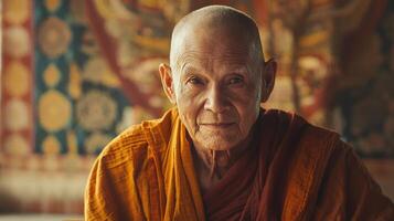 An old monk sitting in a room photo