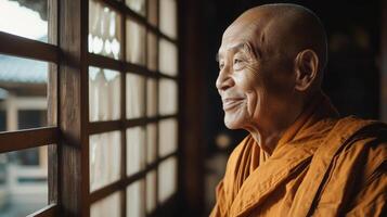 A monk smiles as he looks out the window photo