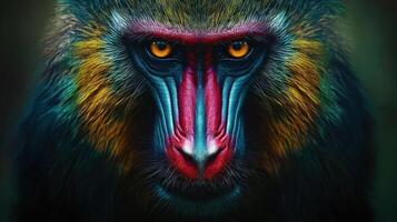 A close up of a colorful baboon's face photo