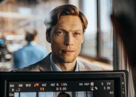 a man in a suit is looking at a camera photo