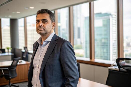 a man in a suit stands in front of a window photo