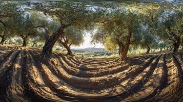 An image of an olive grove with trees in the foreground photo