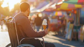 A man in a wheelchair eating an ice cream cone photo