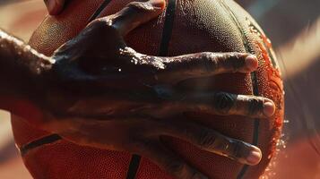 A close up of a basketball being held by a hand photo