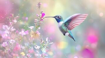 A hummingbird flying over a field of flowers photo