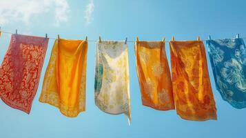A line of colorful towels hanging on a clothesline photo