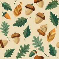 Seamless watercolor acorns and oak leaves pattern nature setting digital art soft colors bird's eye view vector