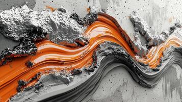 An abstract composition showcases vibrant orange waves flowing over textured gray and black surfaces. This artwork captures dynamic movement and energy in an art studio photo